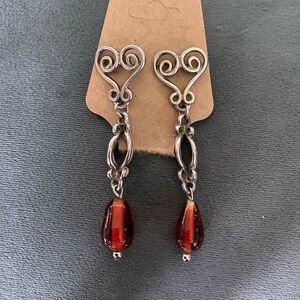 Silver-Tone Heart Scroll Earrings with Red Teardrop Beads